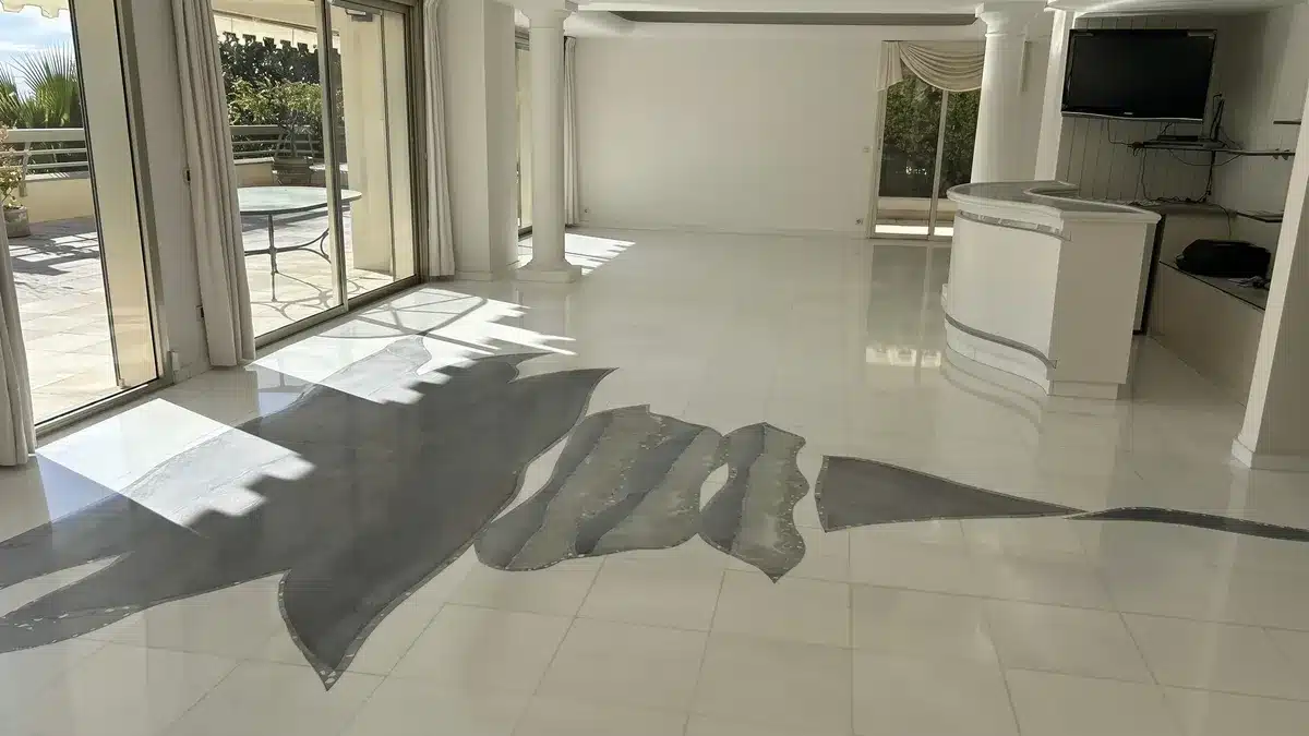marbre-blanc-thassos-poli-brillant-sejour-cannes Séjour d'un appartement de Cannes avec un sol en marbre Blanc de Thassos poli-brillant et un décor incrusté en pierre grise, devant les baies vitrées qui donnent sur la terrasse