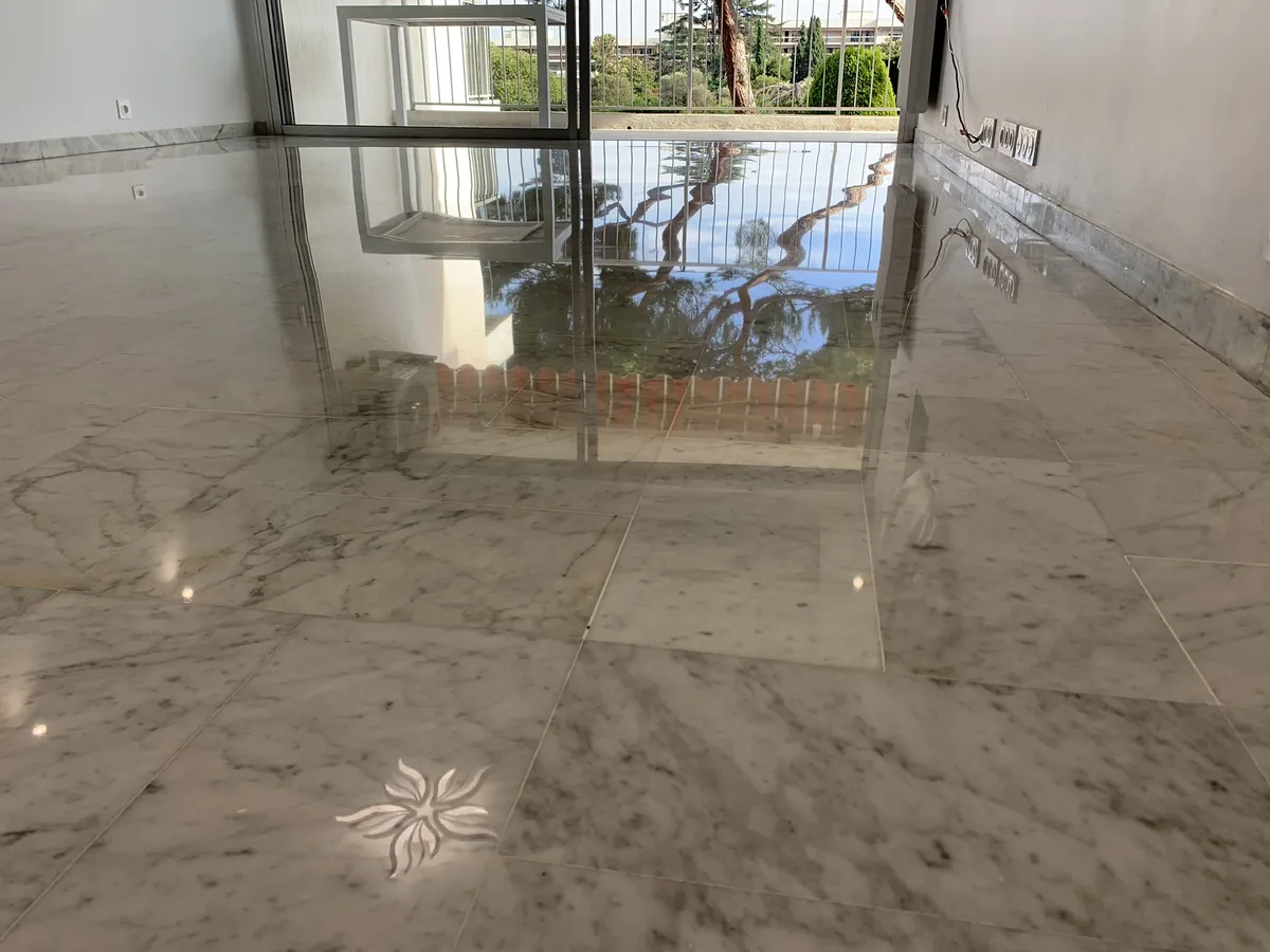 marbre-gris-clair-veine-poli-brillant-sejour-gros-plan-reflet-golfe-juan Gros plan sur le sol en marbre veiné gris clair poli-brillant du séjour d'un appartement de Golfe-Juan, avec le reflet de la baie vitrée, des arbres et d'un luminaire du plafond